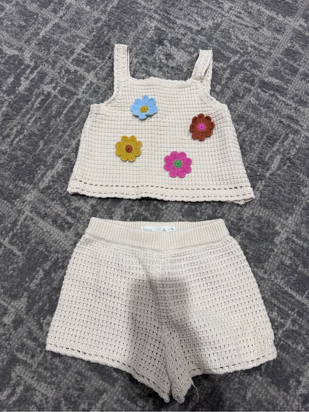 Zara Cream Crochet Tank Top & Shorts Set with Multicolored Flower Appliqués